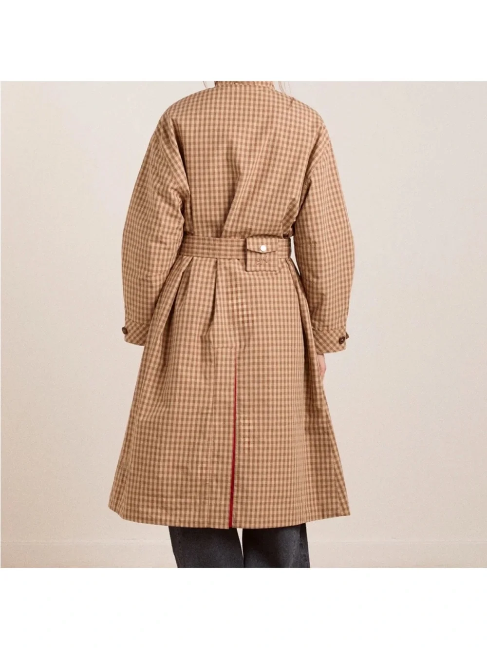 Damson Madder Reversible Red and Tan Check Women's Trench Coat oversized - Picture 6 of 16